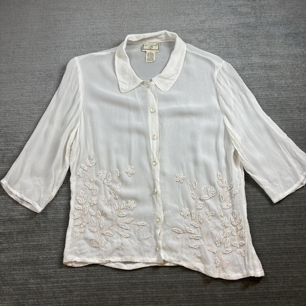 Vintage April Cornell Embroidered Rayon Blouse Womens S White Floral Cottagecore